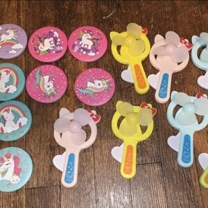 Unicorn Button Pins & Mini Hand Fans - Pink, Yellow, Blue